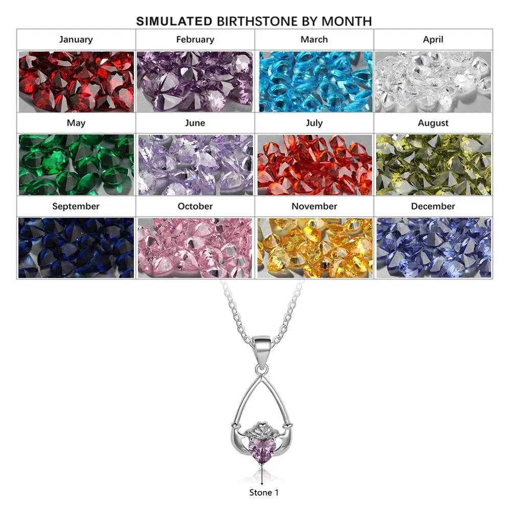 Hand Holding Heart Personalized 12 Birthstone Pendant Necklace 925 Sterling Silver
