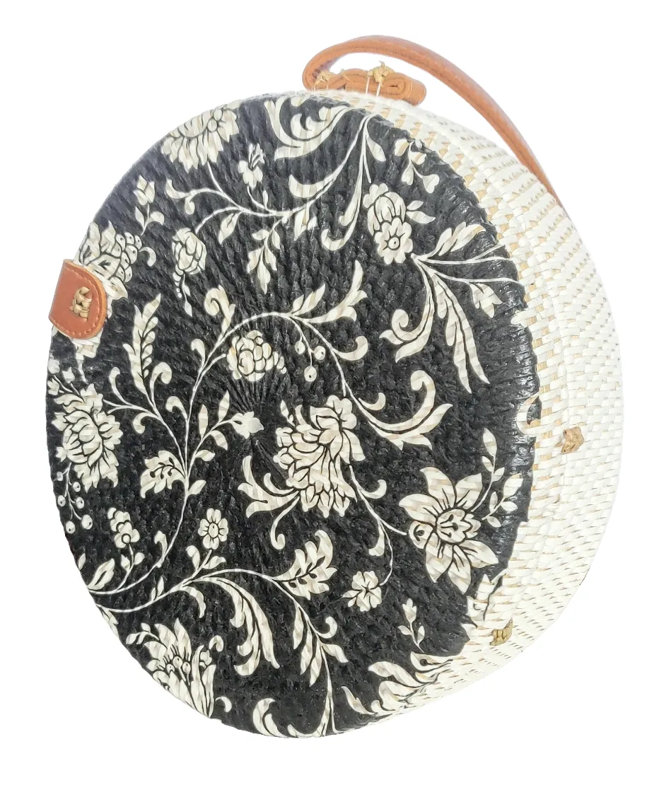 HANDBAG: Decoupage Handwoven Round Rattan Bag in Floral Design and Batik Lining.