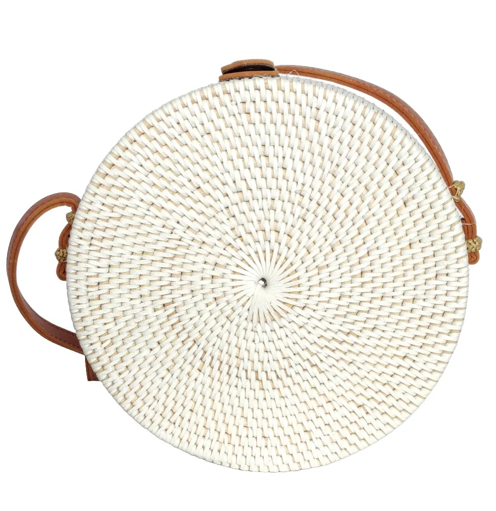 HANDBAG: Decoupage Handwoven Round Rattan Bag in Floral Design and Batik Lining.