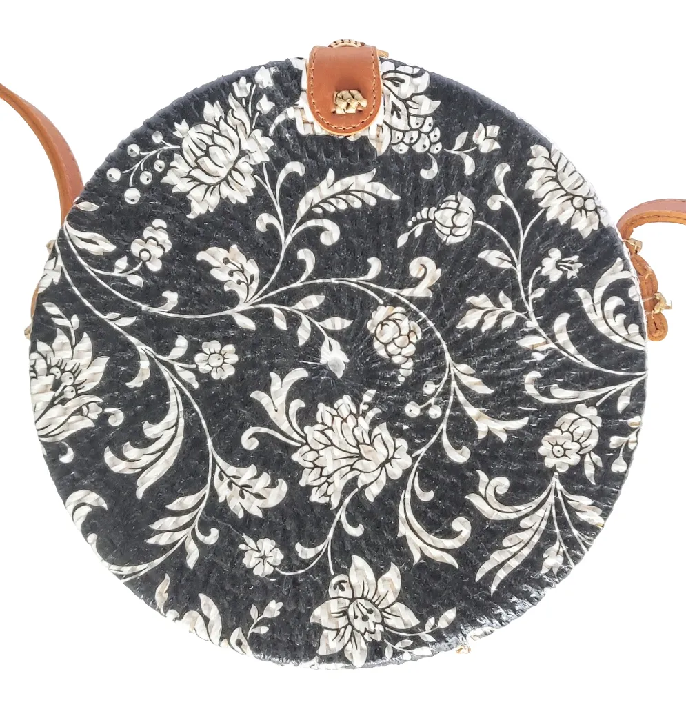 HANDBAG: Decoupage Handwoven Round Rattan Bag in Floral Design and Batik Lining.