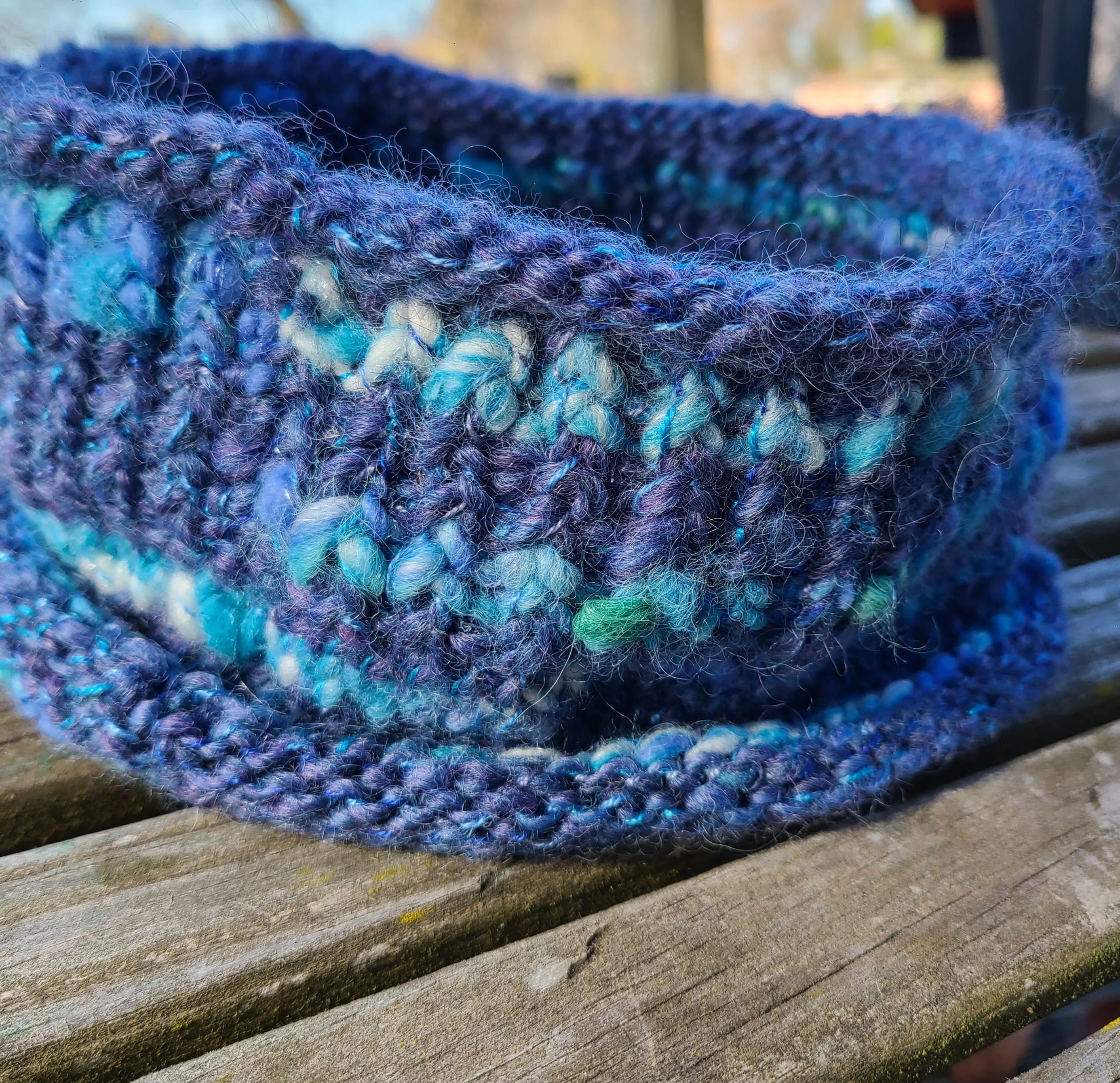 Handknit Cowl- Hand Dyed & Handspun Farm Wool Blends w/ Angora- Montana Skyline - 24 " diameter opening   16 1/" x 11 1/2"