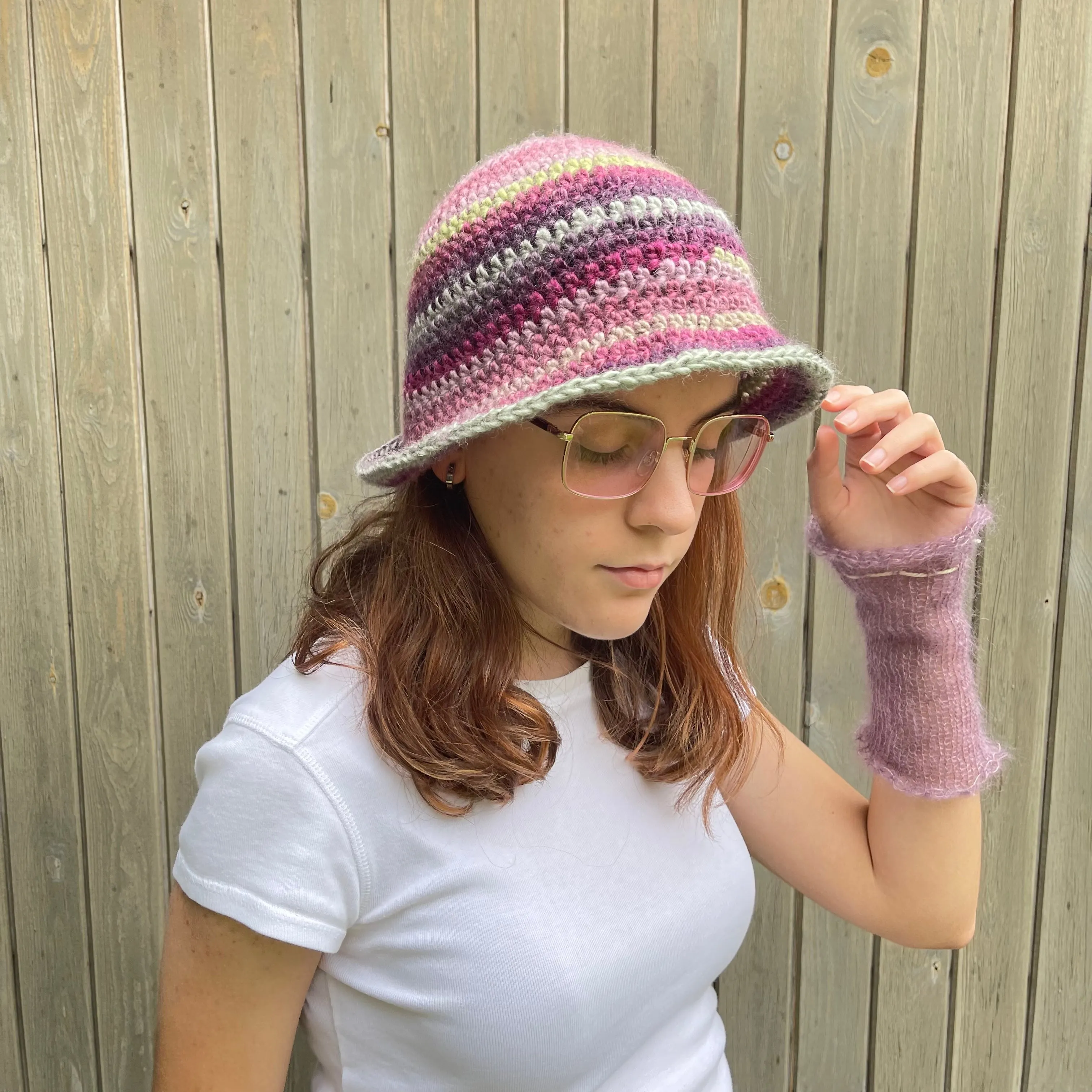 Handmade  green and purple ombré crochet bucket hat