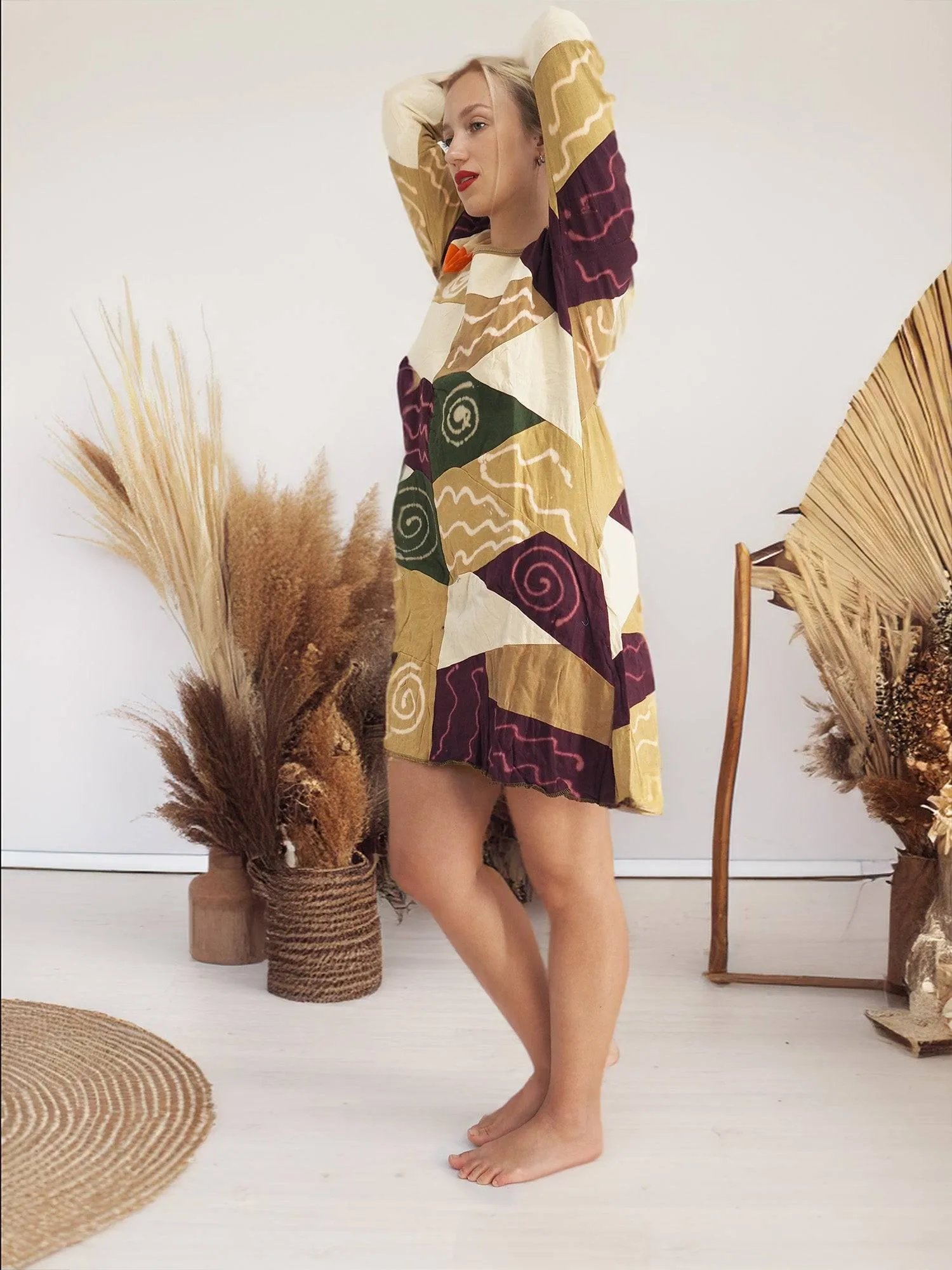Handmade Patchwork Boho Dress Bell Sleeves 100% Pre-Washed Cotton Brown Beige Tones S-M-L-XL