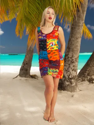 Handmade Patchwork Tie Dye Boho Dress 100% Pre-Washed Cotton Multi Color S-M-L-XL