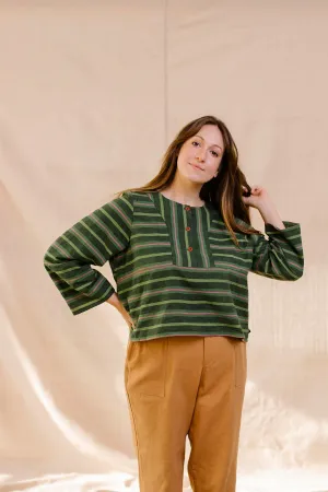 Handwoven Cotton Wren Top - Green Stripe