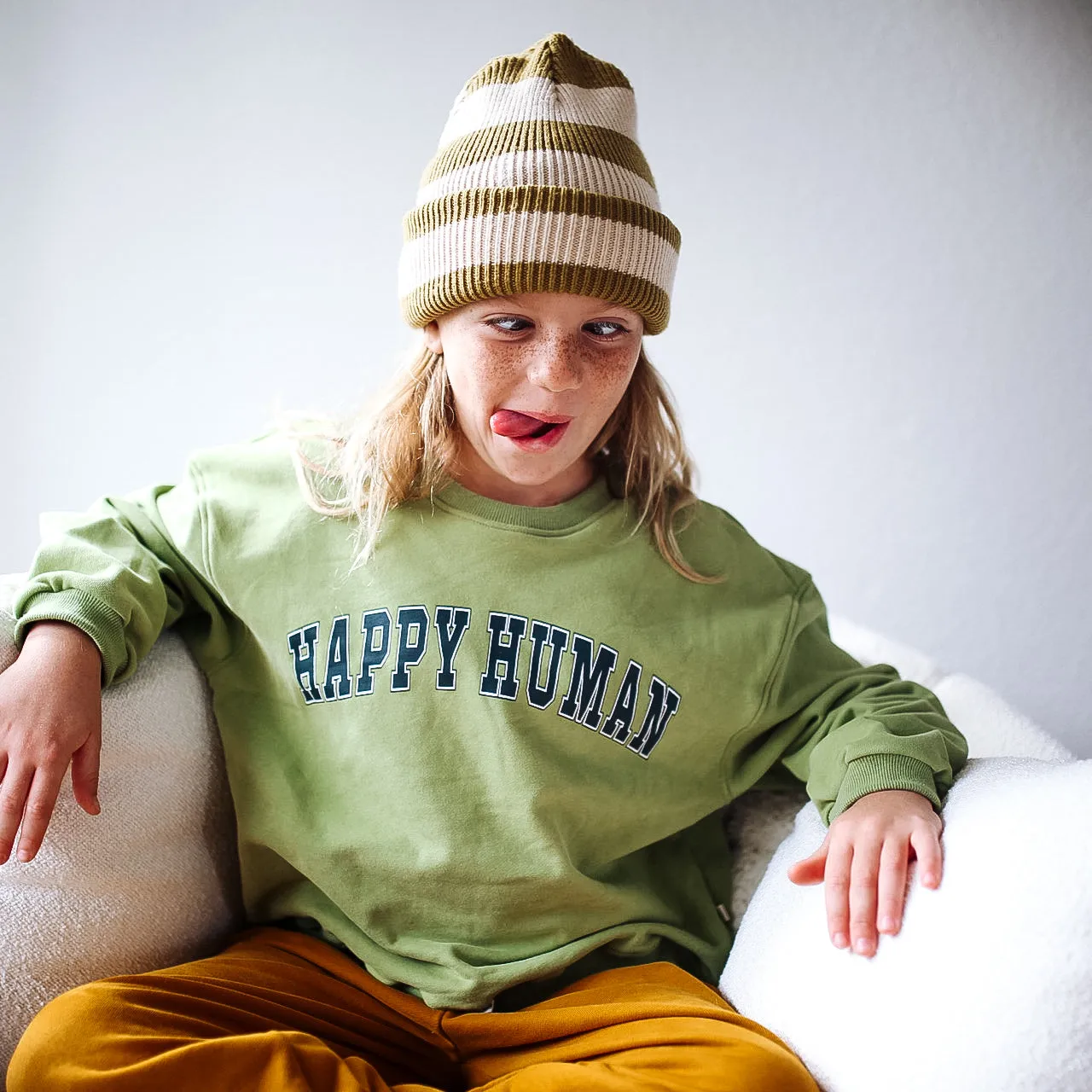 HAPPY HUMAN | GREEN | oversized  drop shoulder pullover | KIDS