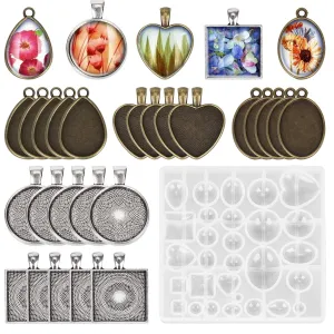 HASTHIP Resin Molds Set Pendant Trays Diy Jewelry Making Resin Molds Set,30Pcs 5 Styles Metal Pendant And 1 Pc Silicone Epoxy Jewelry Casting Molds For Pendant Crafting Diy Jewelry Gift Making,Clear