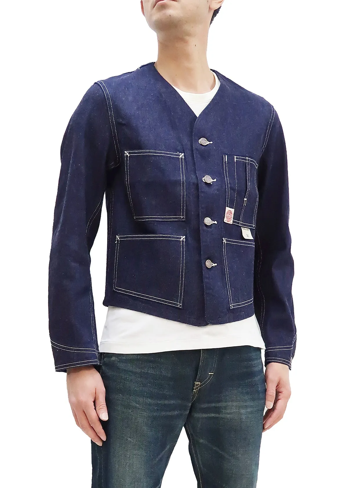 Headlight Jacket Men's Collarless Denim Engineer Jacket No Collar Work Coat HD15236 One-washed Indigo Denim