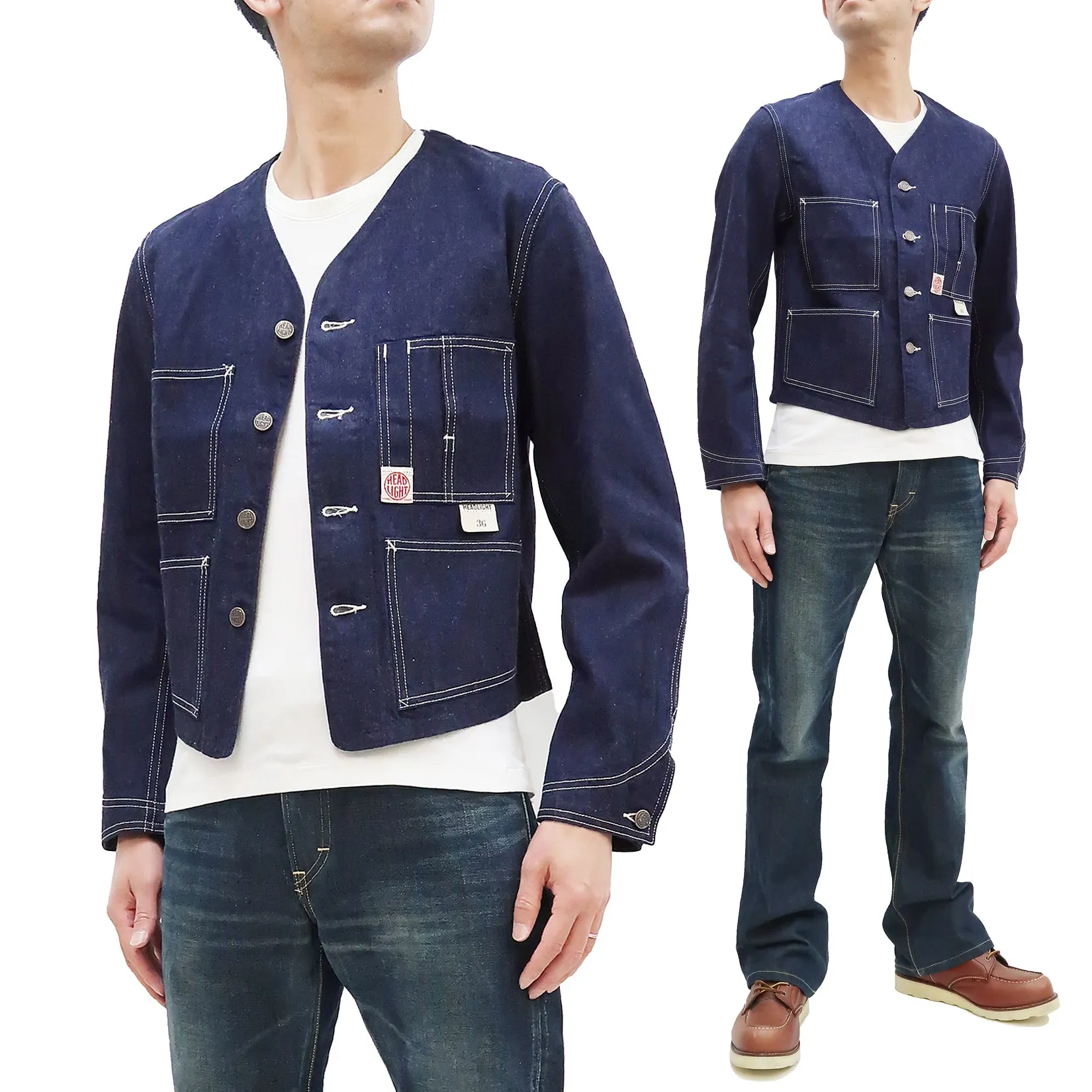 Headlight Jacket Men's Collarless Denim Engineer Jacket No Collar Work Coat HD15236 One-washed Indigo Denim