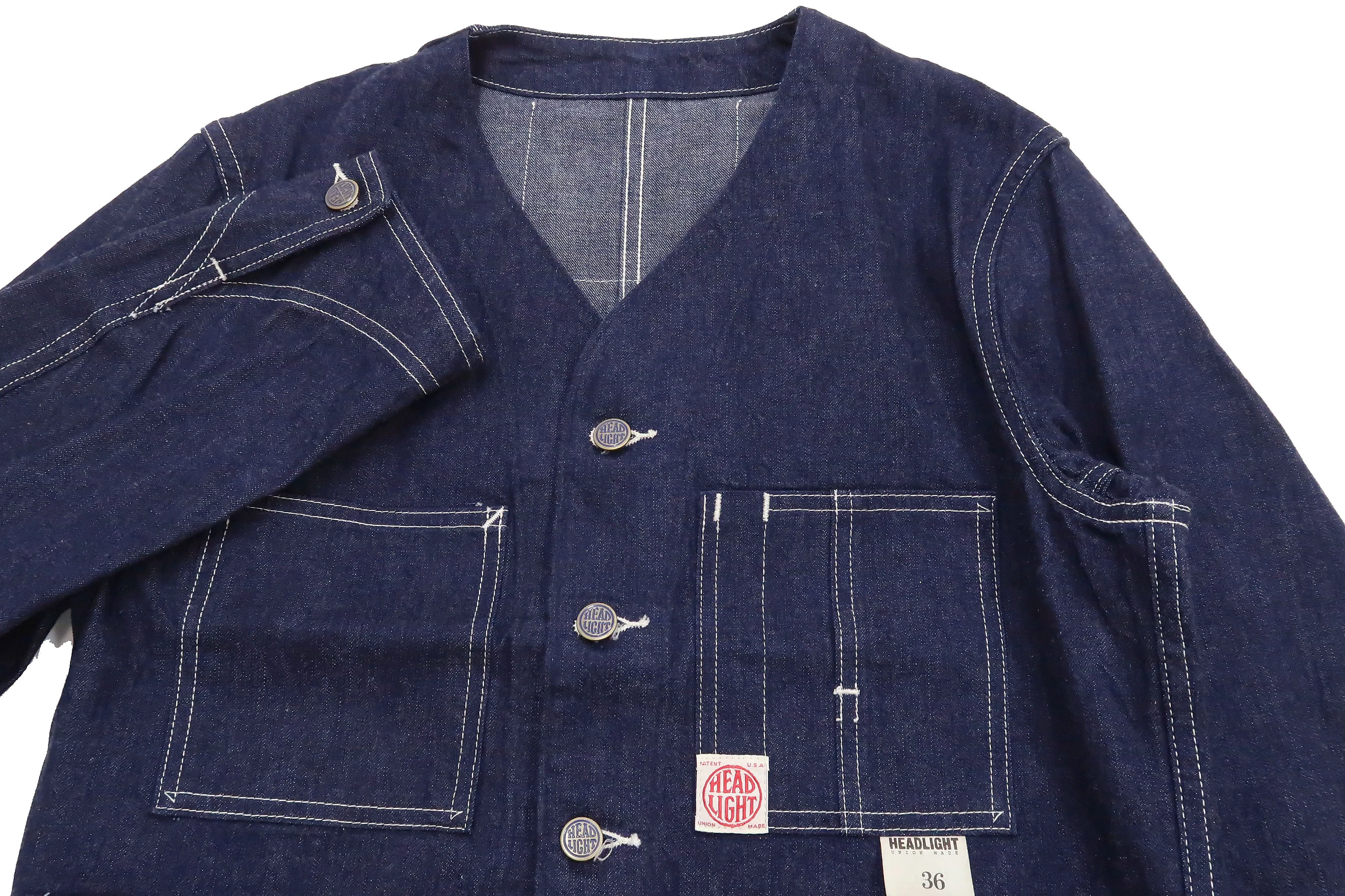 Headlight Jacket Men's Collarless Denim Engineer Jacket No Collar Work Coat HD15236 One-washed Indigo Denim