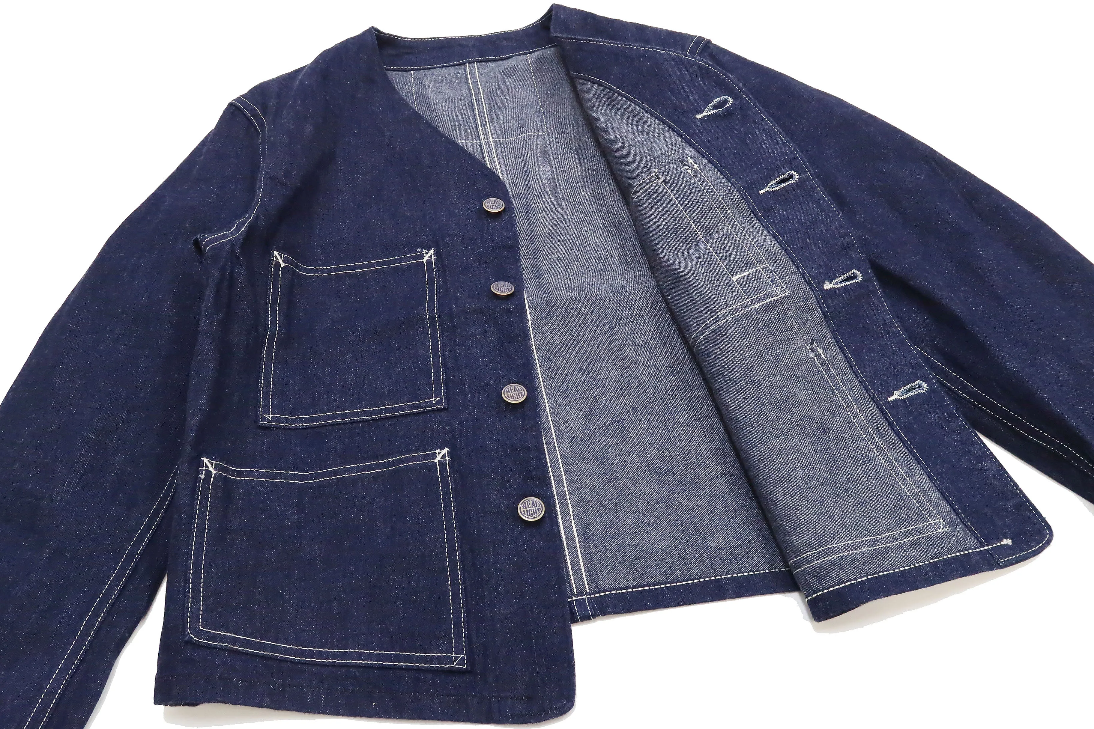 Headlight Jacket Men's Collarless Denim Engineer Jacket No Collar Work Coat HD15236 One-washed Indigo Denim