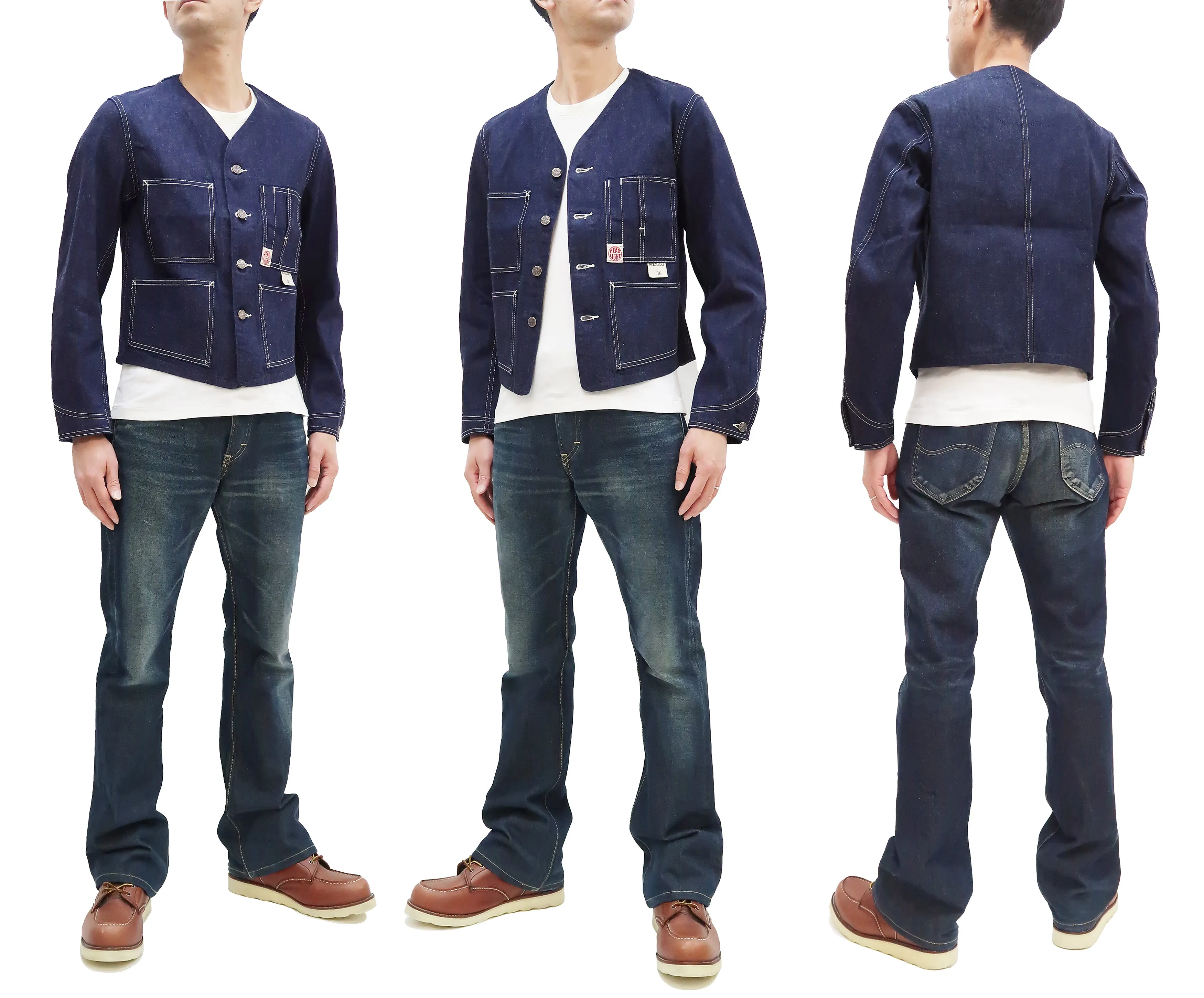 Headlight Jacket Men's Collarless Denim Engineer Jacket No Collar Work Coat HD15236 One-washed Indigo Denim