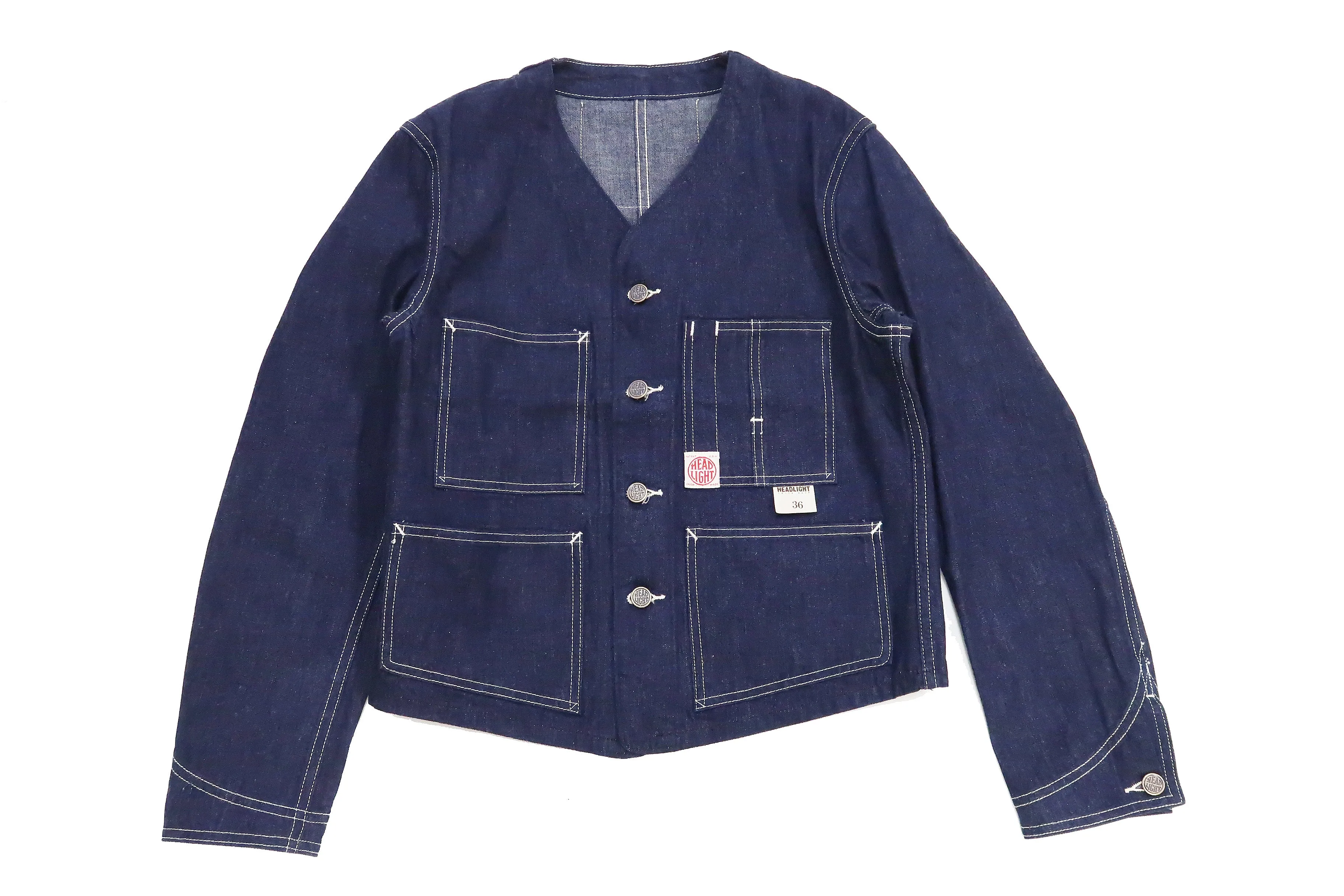 Headlight Jacket Men's Collarless Denim Engineer Jacket No Collar Work Coat HD15236 One-washed Indigo Denim