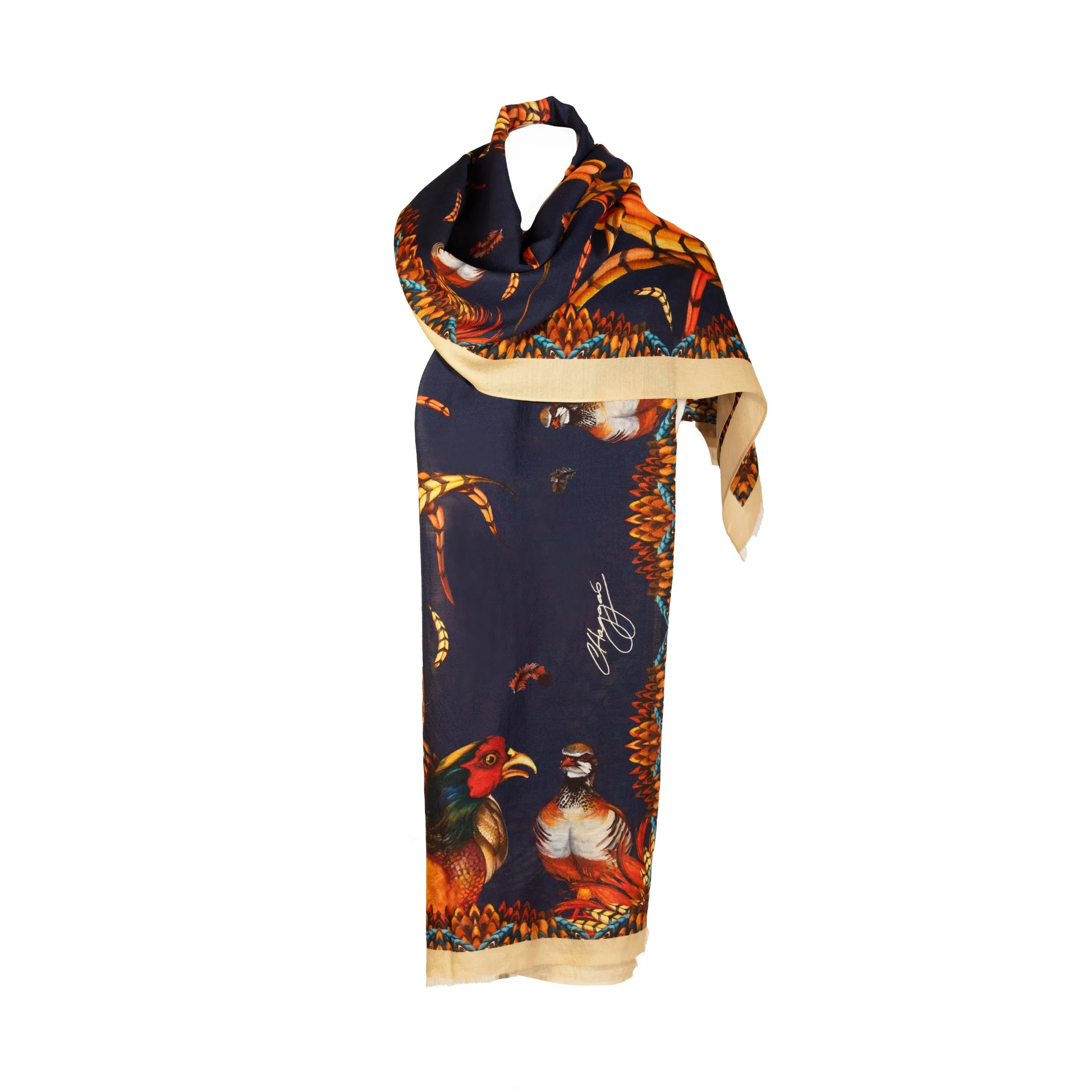 Heads or Tails Navy Blue Wool Silk Wrap Scarf