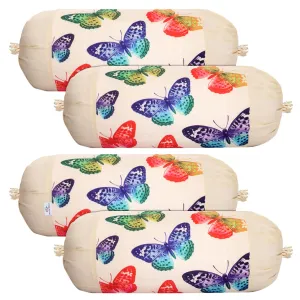 Heart Home Bolster Cover|Polyester Bolster Cover Set|Diwan Round Bolster Pillow Covers|Luxurious Butterfly Print Roll Masand Cover|Pack of 4 (Cream)