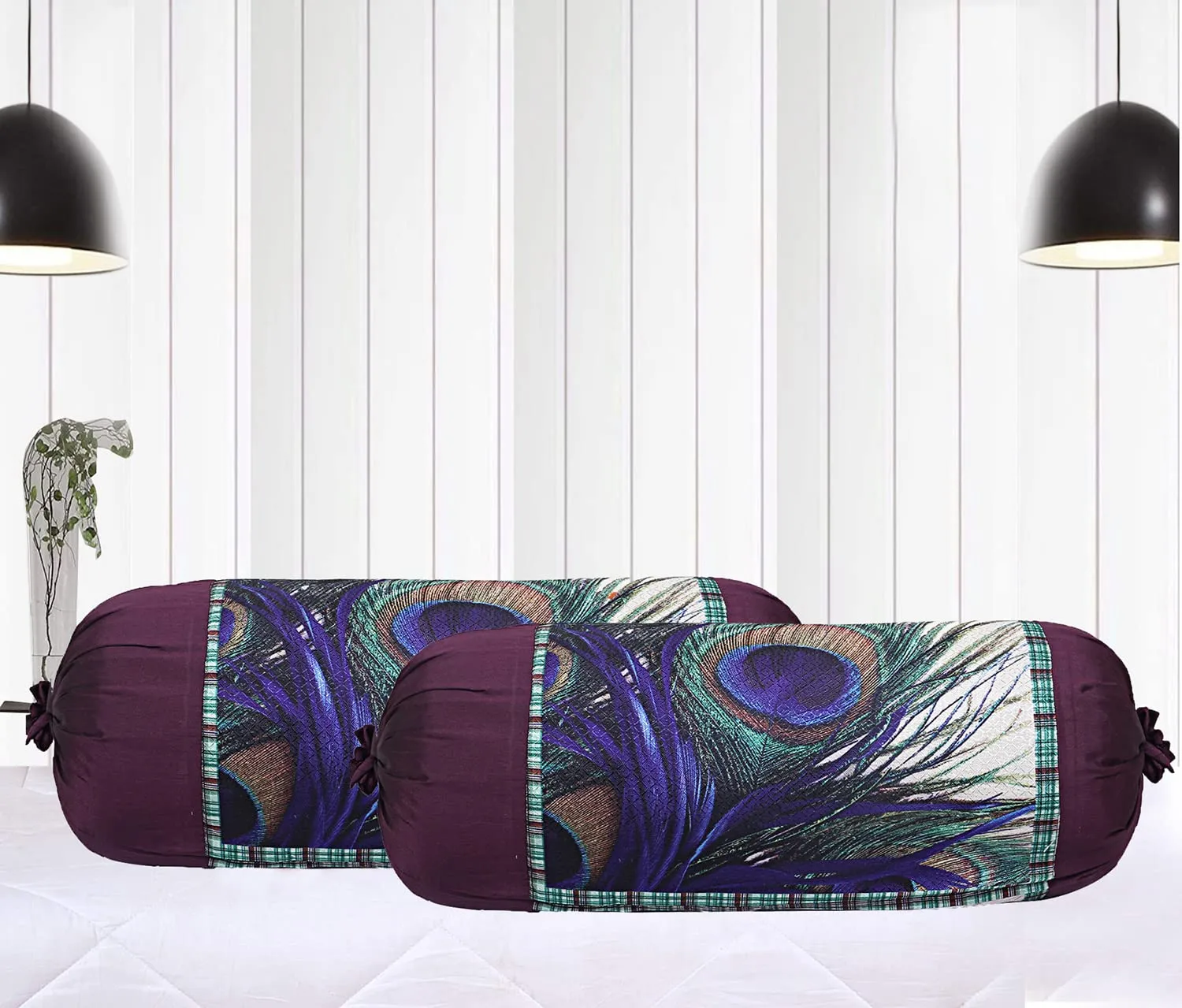 Heart Home Bolster Cover|Polyester Bolster Cover Set|Diwan Round Bolster Pillow Covers|Luxurious Peacock Feather Print Roll Masand Cover|Pack of 6 (Cream)