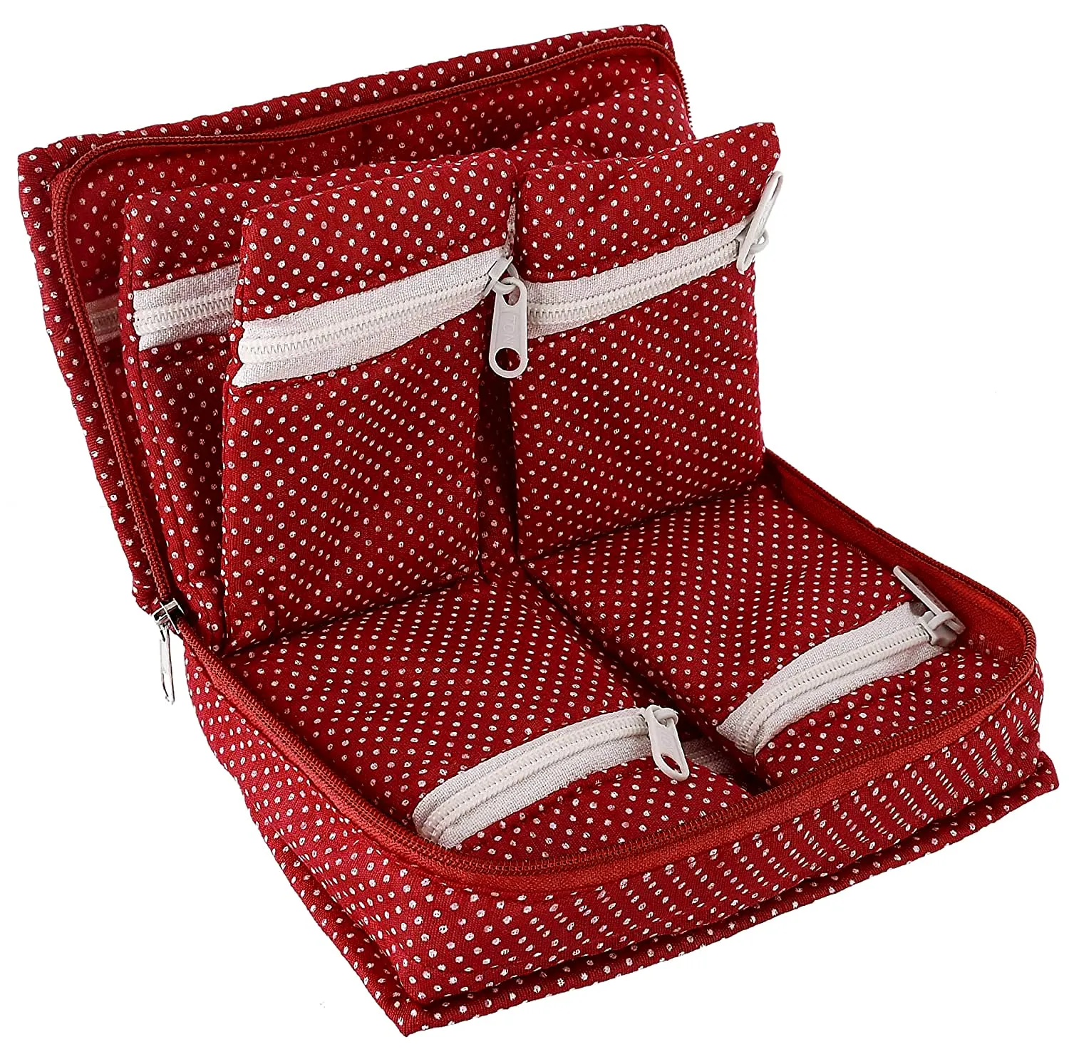 Heart Home Dot Printed Portable Jewellery Organizer With 4 Tranasparent Pockets (Maroon)-HS_38_HEARTH21230, Pack of 1