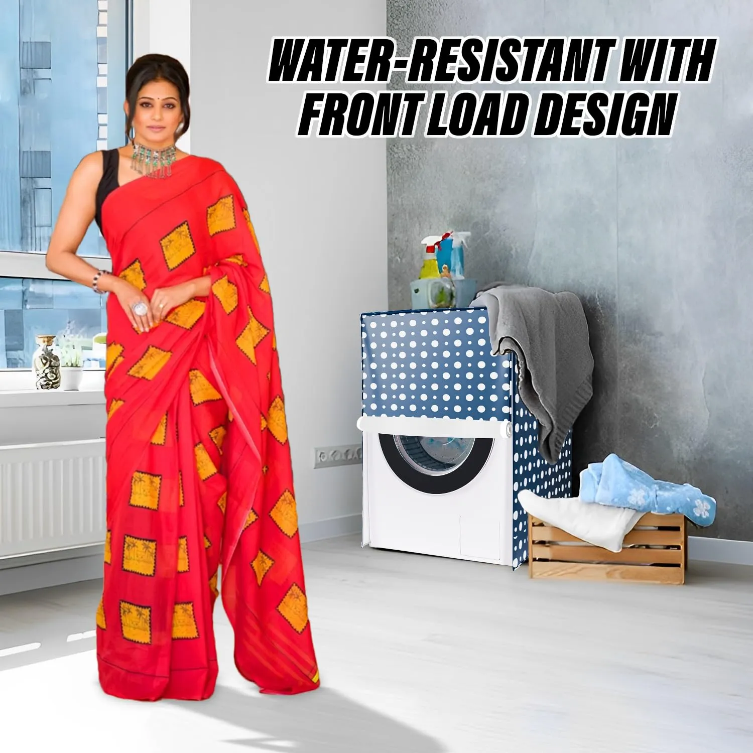 Heart Home Washing Machine Cover | Dot Print Washing Machine Cover | PVC | Front Load Washing Machine Cover | Blue