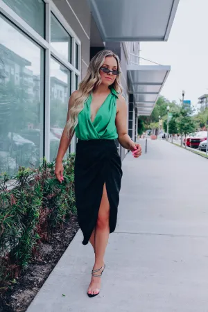 Hepburn Side Slit Satin Midi Skirt - Black