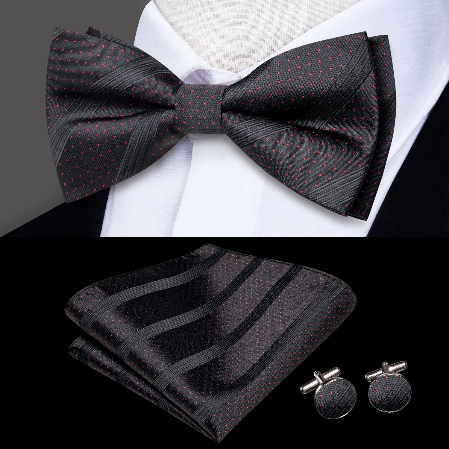 Hi-Tie Black Strip with Red Dot Silk Pre-tied Bow Tie Hanky Cufflinks Set