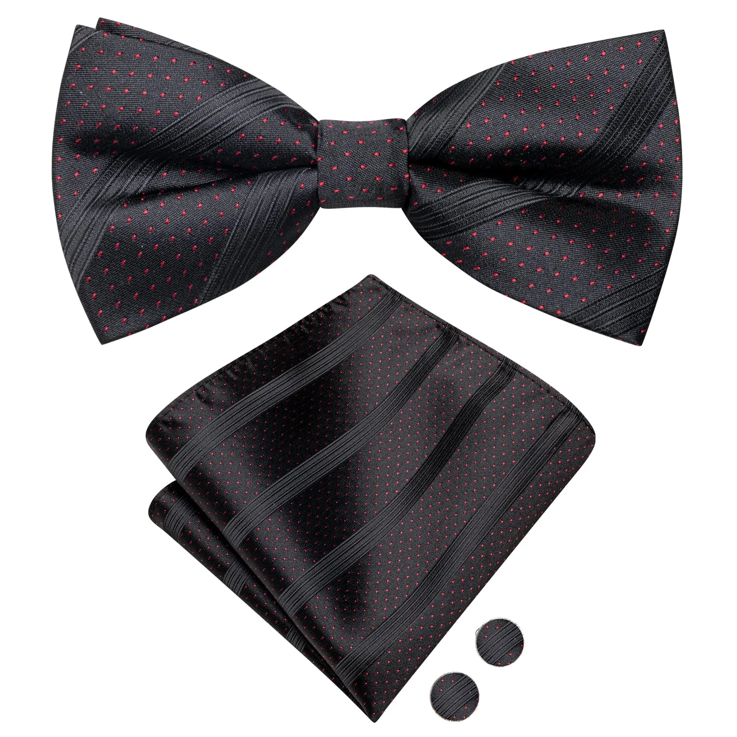 Hi-Tie Black Strip with Red Dot Silk Pre-tied Bow Tie Hanky Cufflinks Set