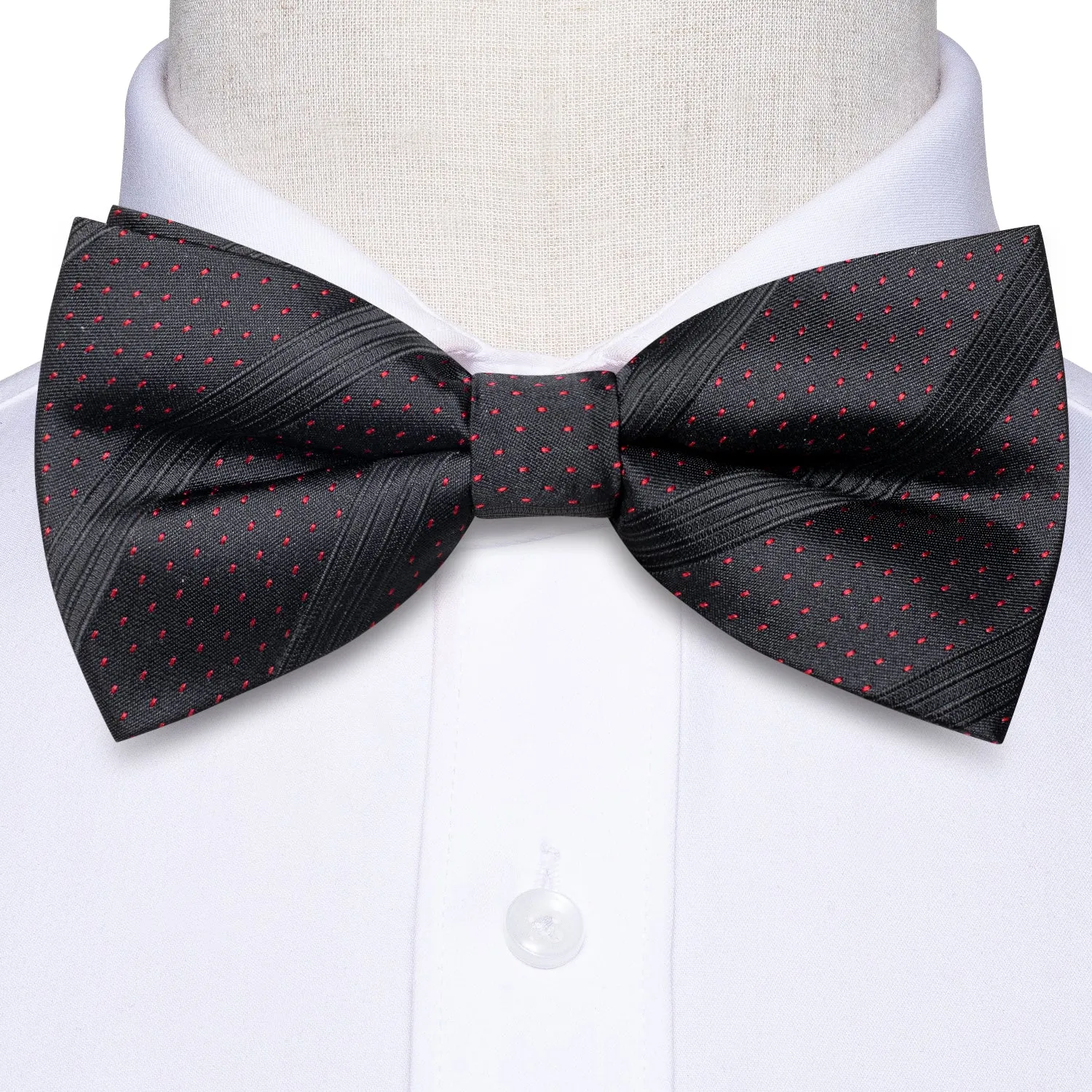 Hi-Tie Black Strip with Red Dot Silk Pre-tied Bow Tie Hanky Cufflinks Set