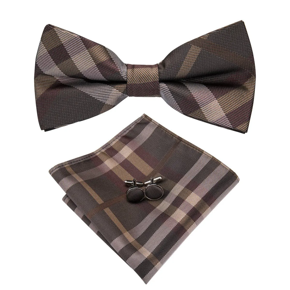 Hi-Tie Brown Plaid Pre-tied Mens Checkered Bow Tie Hanky Cufflinks Set