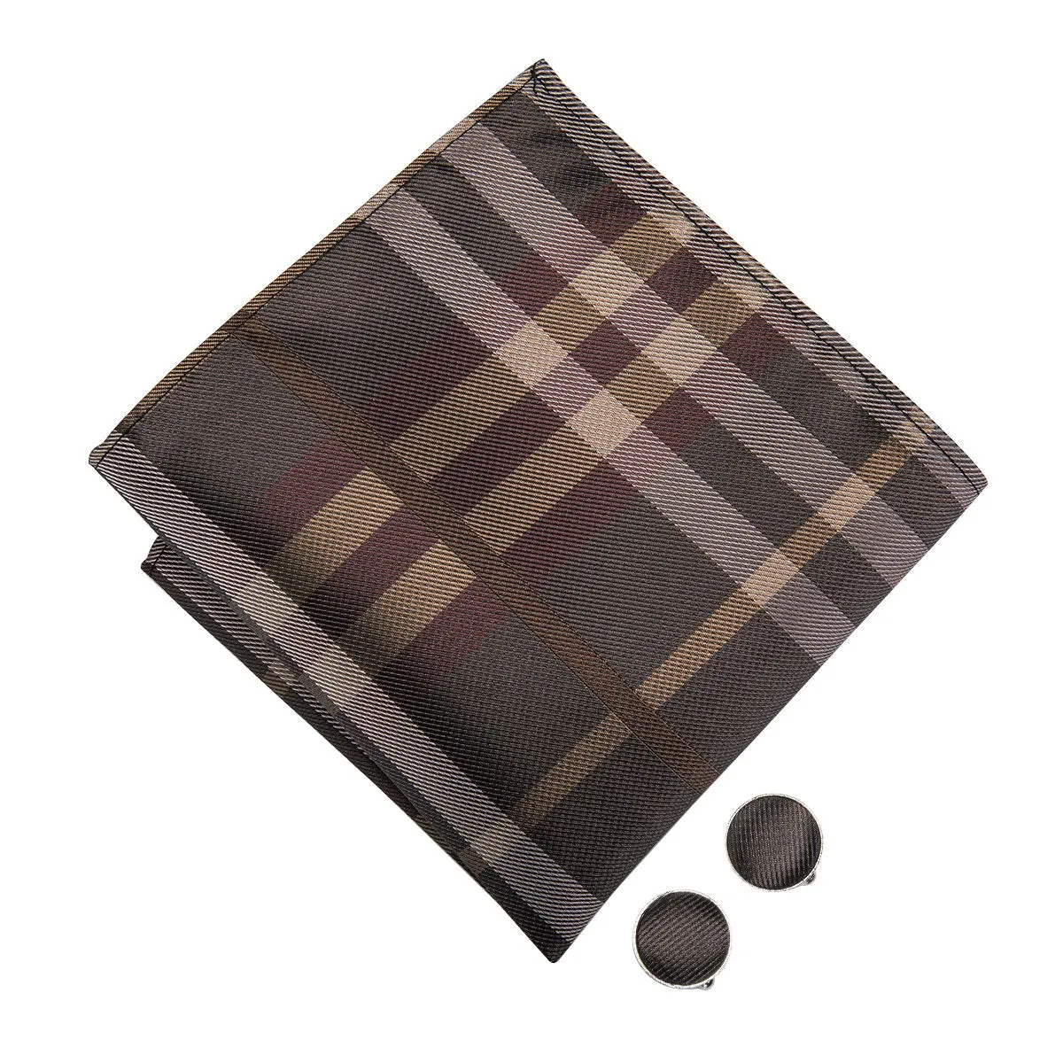Hi-Tie Brown Plaid Pre-tied Mens Checkered Bow Tie Hanky Cufflinks Set