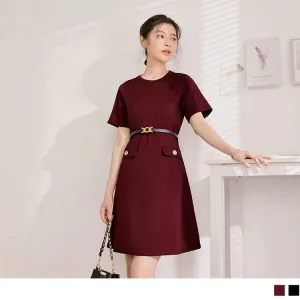 HIGH WAIST SLIM ROUND NECK SHORT SLEEVE MIDI DRESS