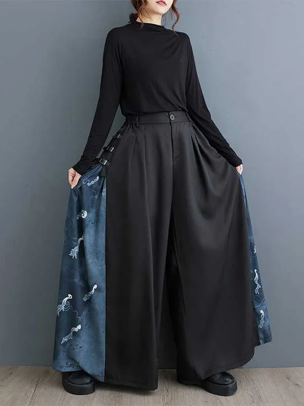 High Waisted Loose Buttoned Elasticity Pleated Pockets Split-Joint Pants Trousers
