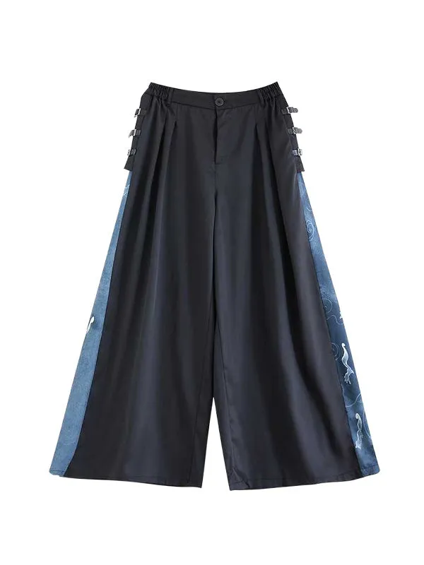 High Waisted Loose Buttoned Elasticity Pleated Pockets Split-Joint Pants Trousers