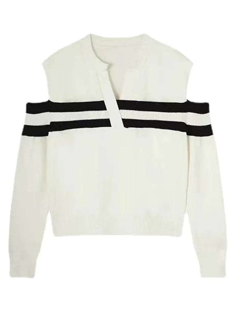 Hit Color Knitting Sweater For Women V Neck Long Sleeve Casual Loose Off Shoulder Autumn Sweater Female Fashion