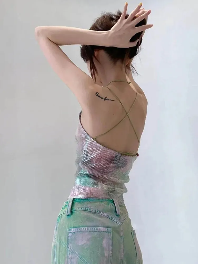 Hit Color Tank Top For Women V Neck Sleeveless Slimming Sexy Patchwork Lace Up Backless Vest Female Fashion Clothes