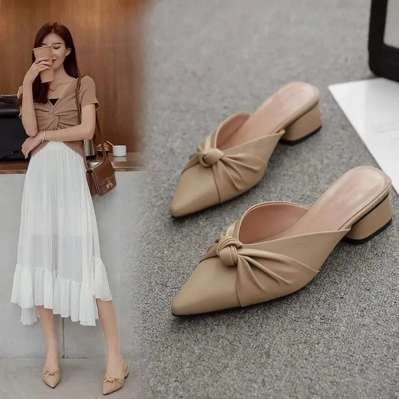 Hnzxzm Shoes for Women Brown Woman Slippers Job Leather Slides Mules Sandals Pointed Toe Summer High Up To 4cm Heel New Style Pvc