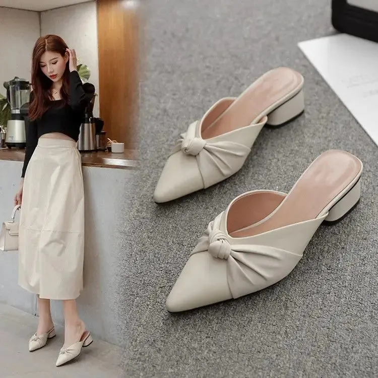 Hnzxzm Shoes for Women Brown Woman Slippers Job Leather Slides Mules Sandals Pointed Toe Summer High Up To 4cm Heel New Style Pvc