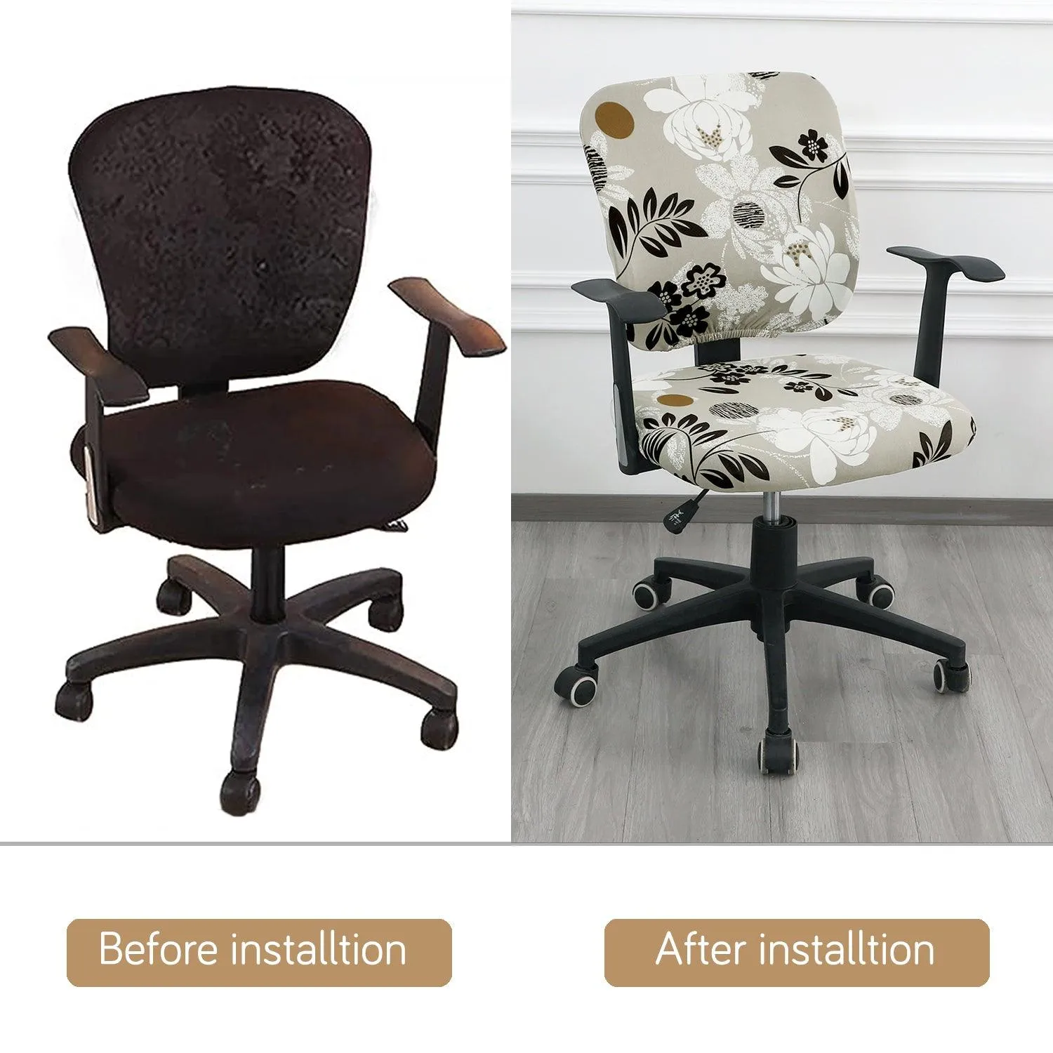 HOKIPO 140gsm Stretchable Office Chair Cover, Feather Brown Floral