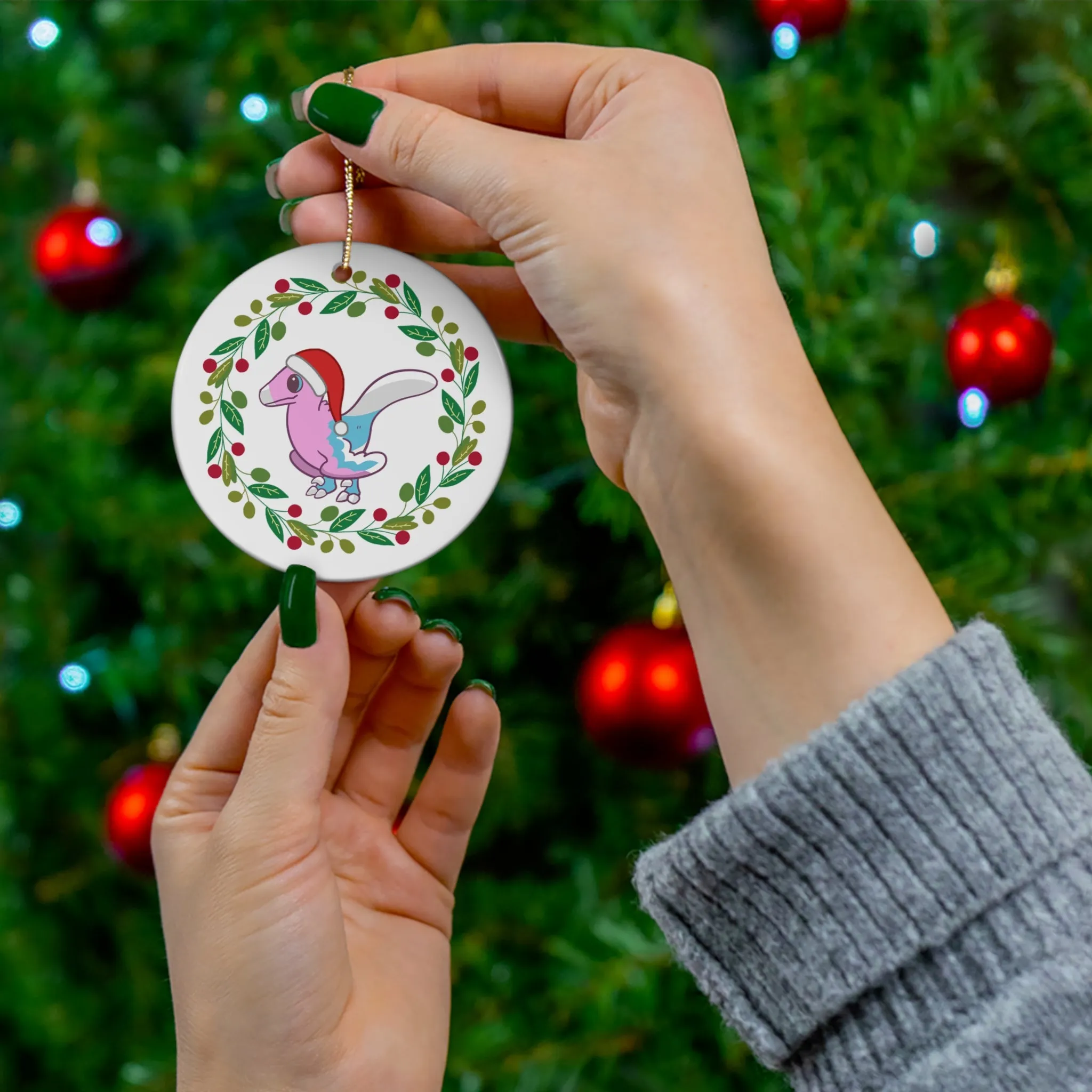 Holiday Trans Pride Velociraptor Ornament - Wreath Edition