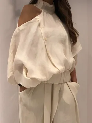 Hollow Solid Color Irregularity Loose Cold Shoulder Blouses&Shirts Tops