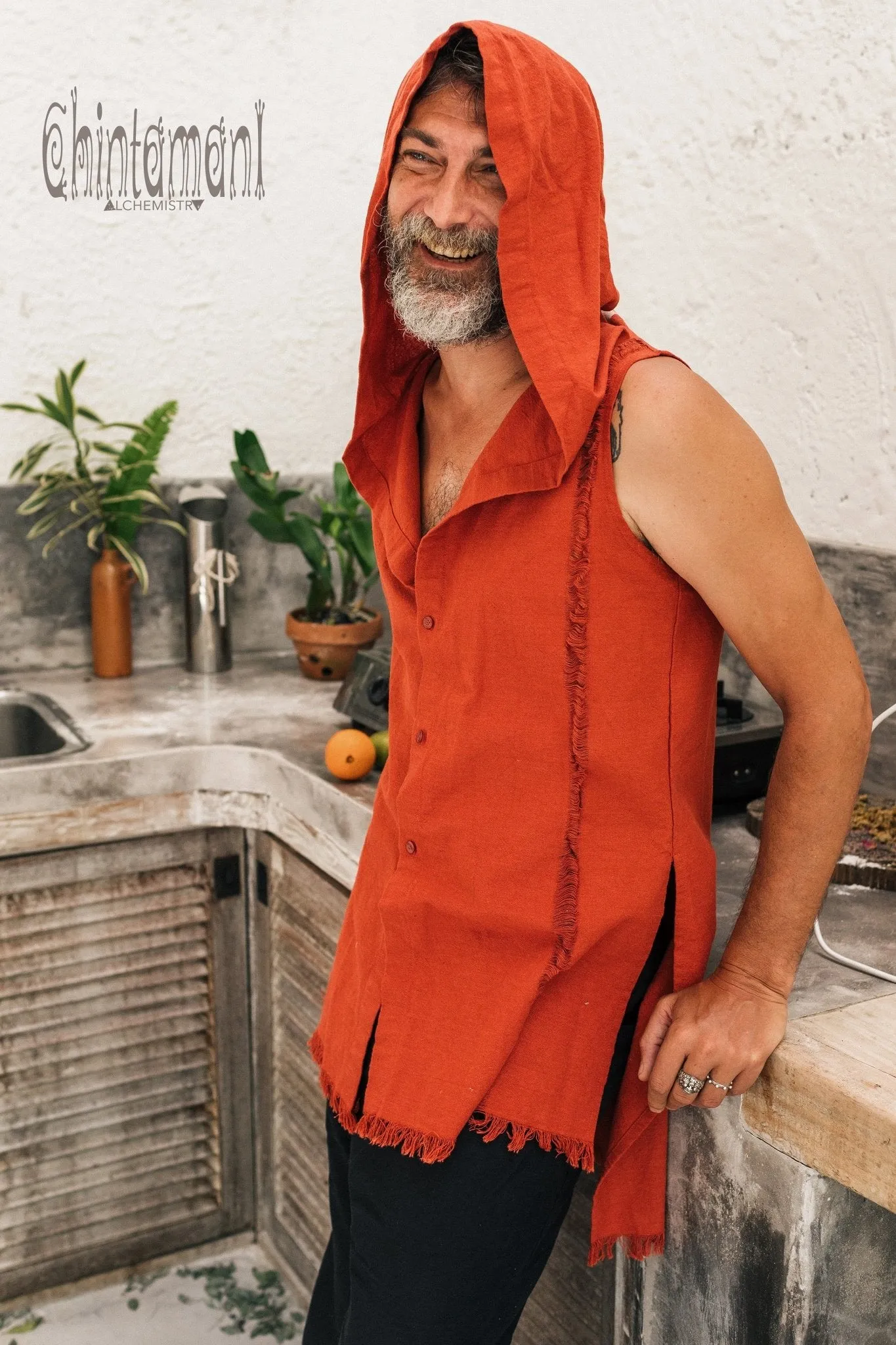 Hooded Vest Shirt for Men / Printed Tank Top with Huge Hood / Red Ochre