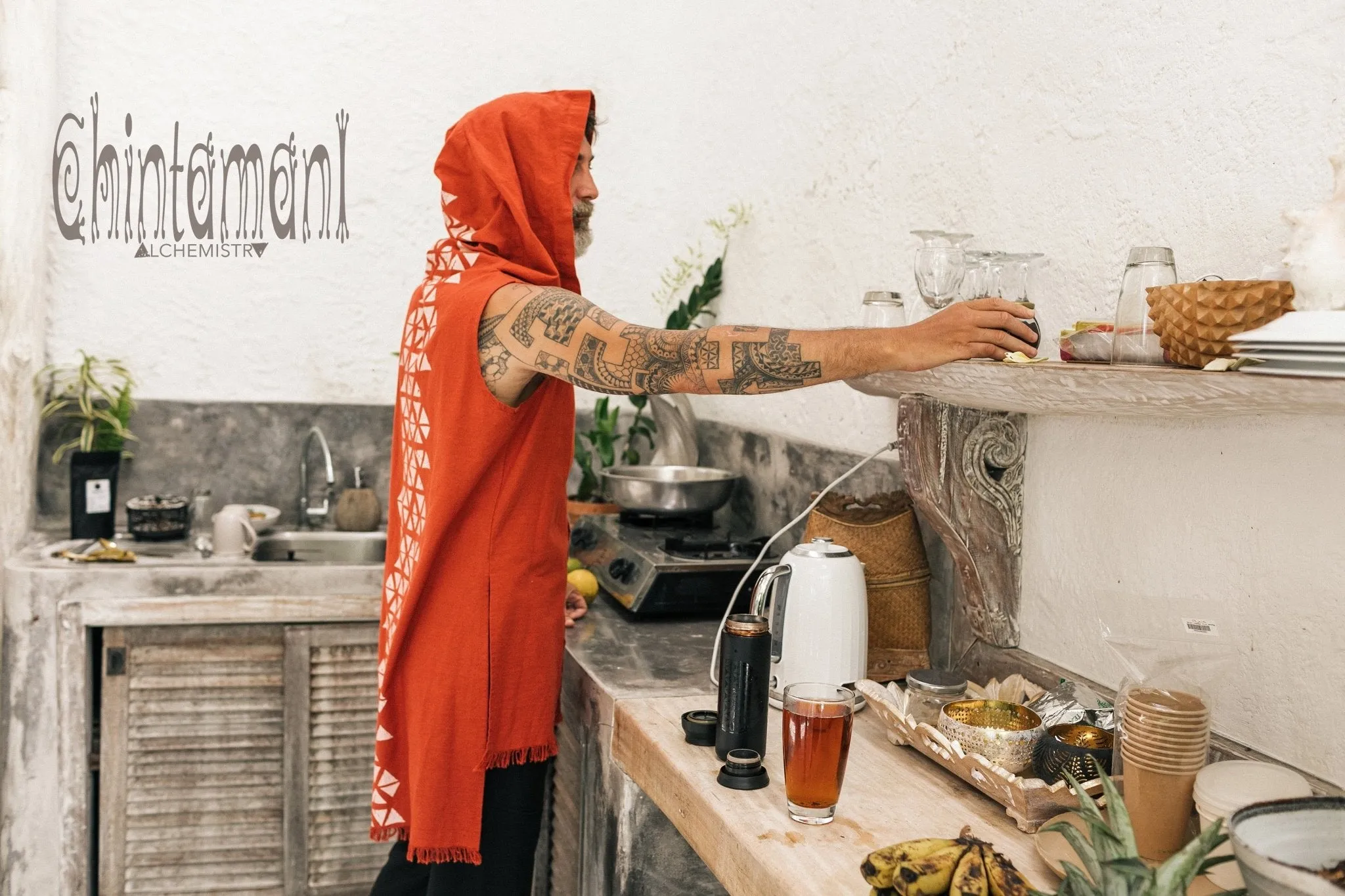 Hooded Vest Shirt for Men / Printed Tank Top with Huge Hood / Red Ochre