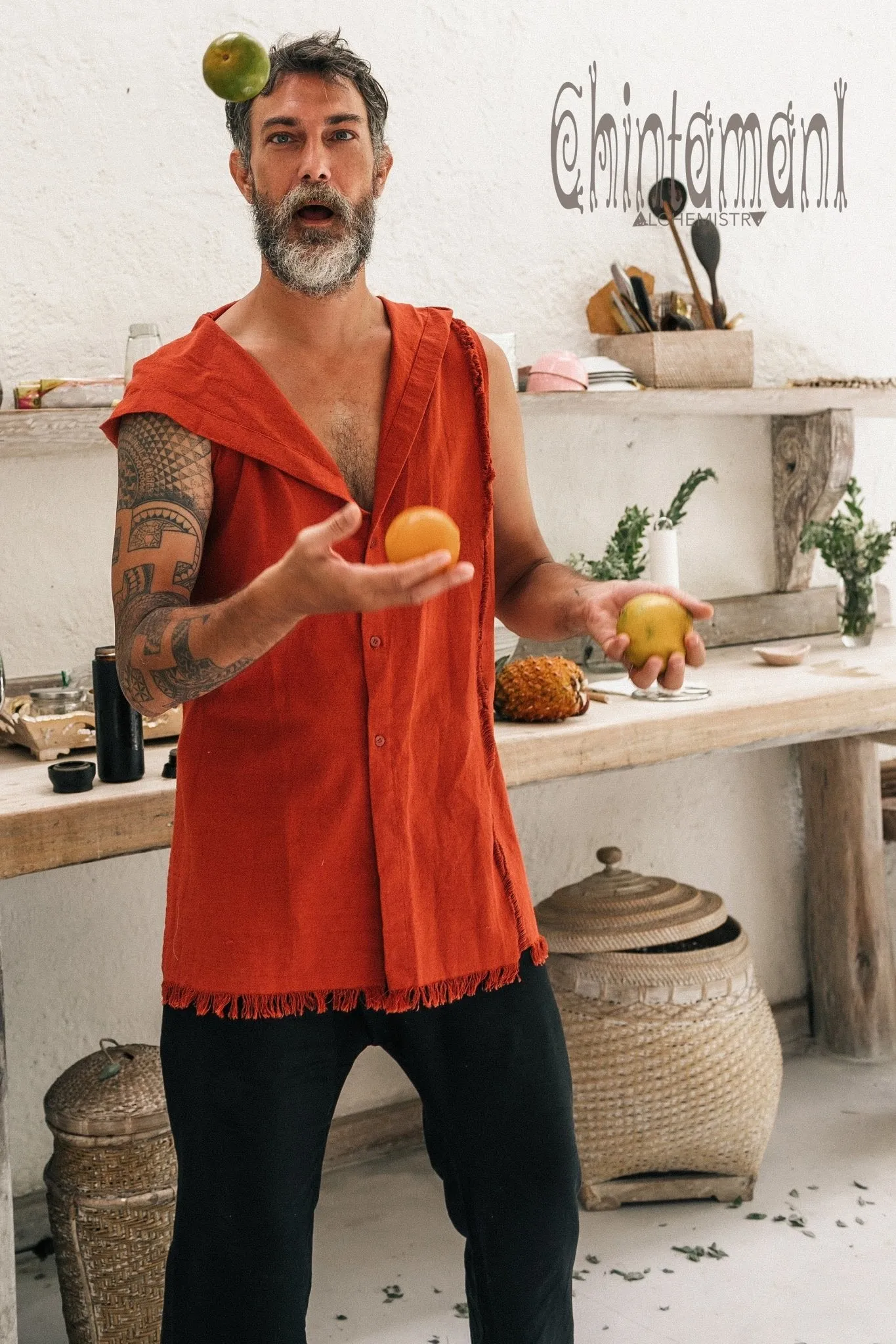 Hooded Vest Shirt for Men / Printed Tank Top with Huge Hood / Red Ochre