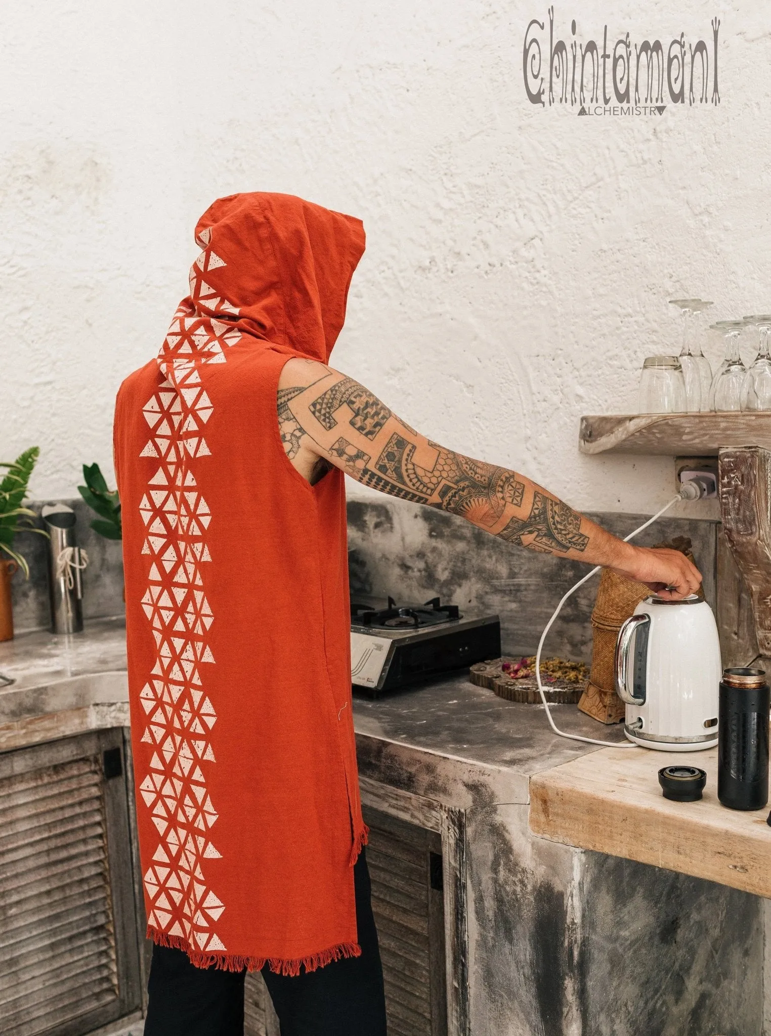 Hooded Vest Shirt for Men / Printed Tank Top with Huge Hood / Red Ochre