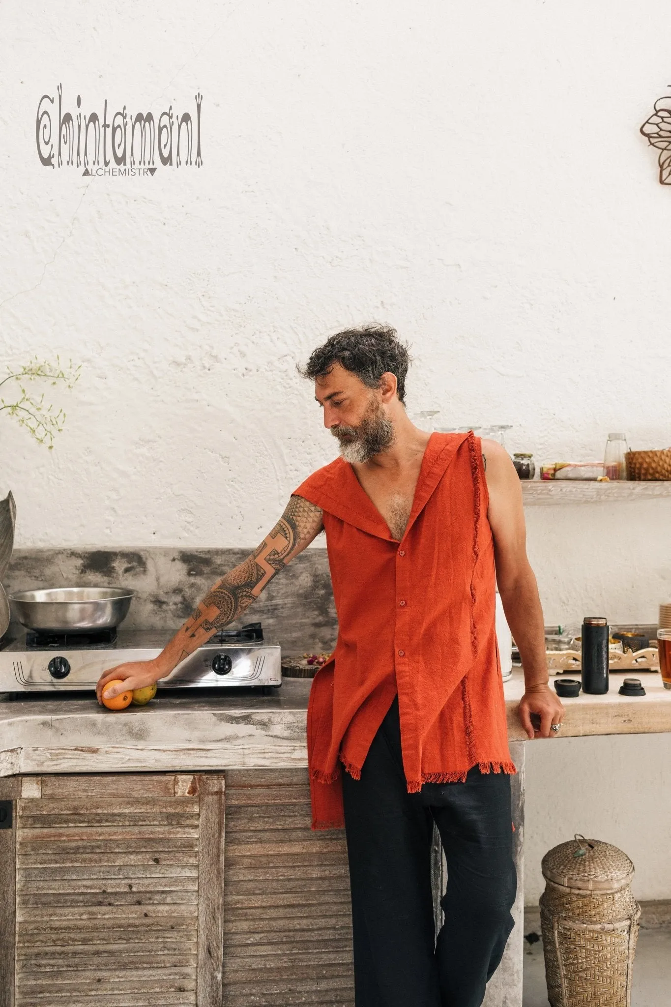 Hooded Vest Shirt for Men / Printed Tank Top with Huge Hood / Red Ochre