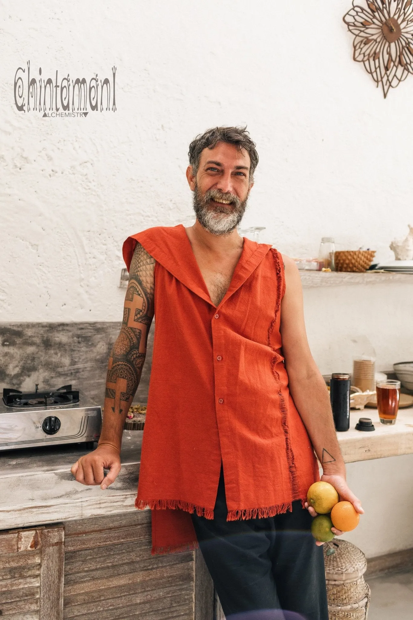 Hooded Vest Shirt for Men / Printed Tank Top with Huge Hood / Red Ochre