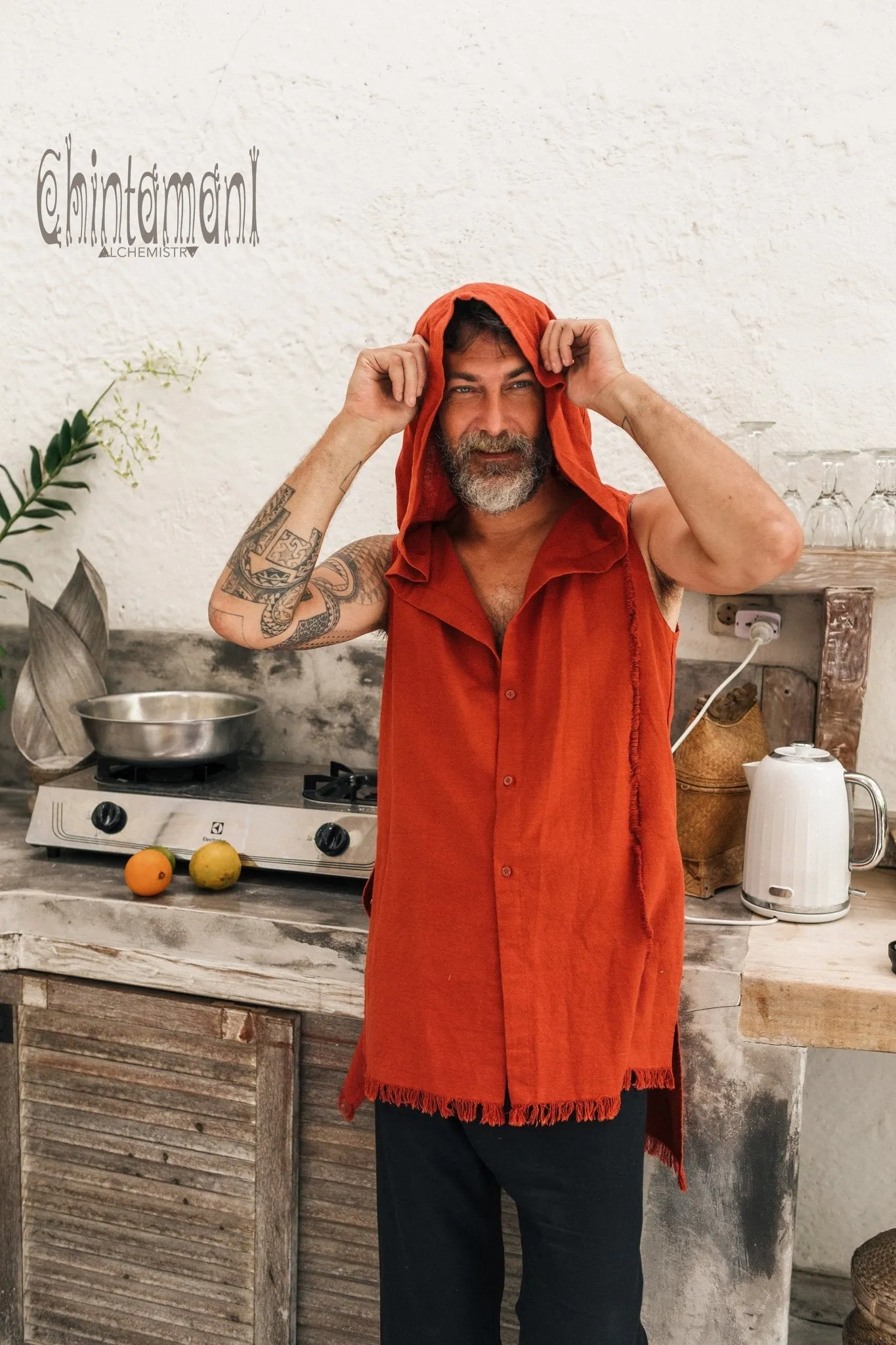 Hooded Vest Shirt for Men / Printed Tank Top with Huge Hood / Red Ochre