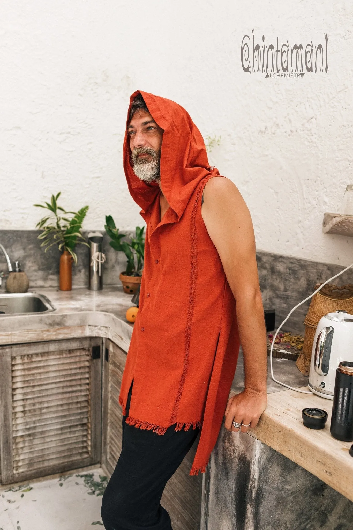 Hooded Vest Shirt for Men / Printed Tank Top with Huge Hood / Red Ochre