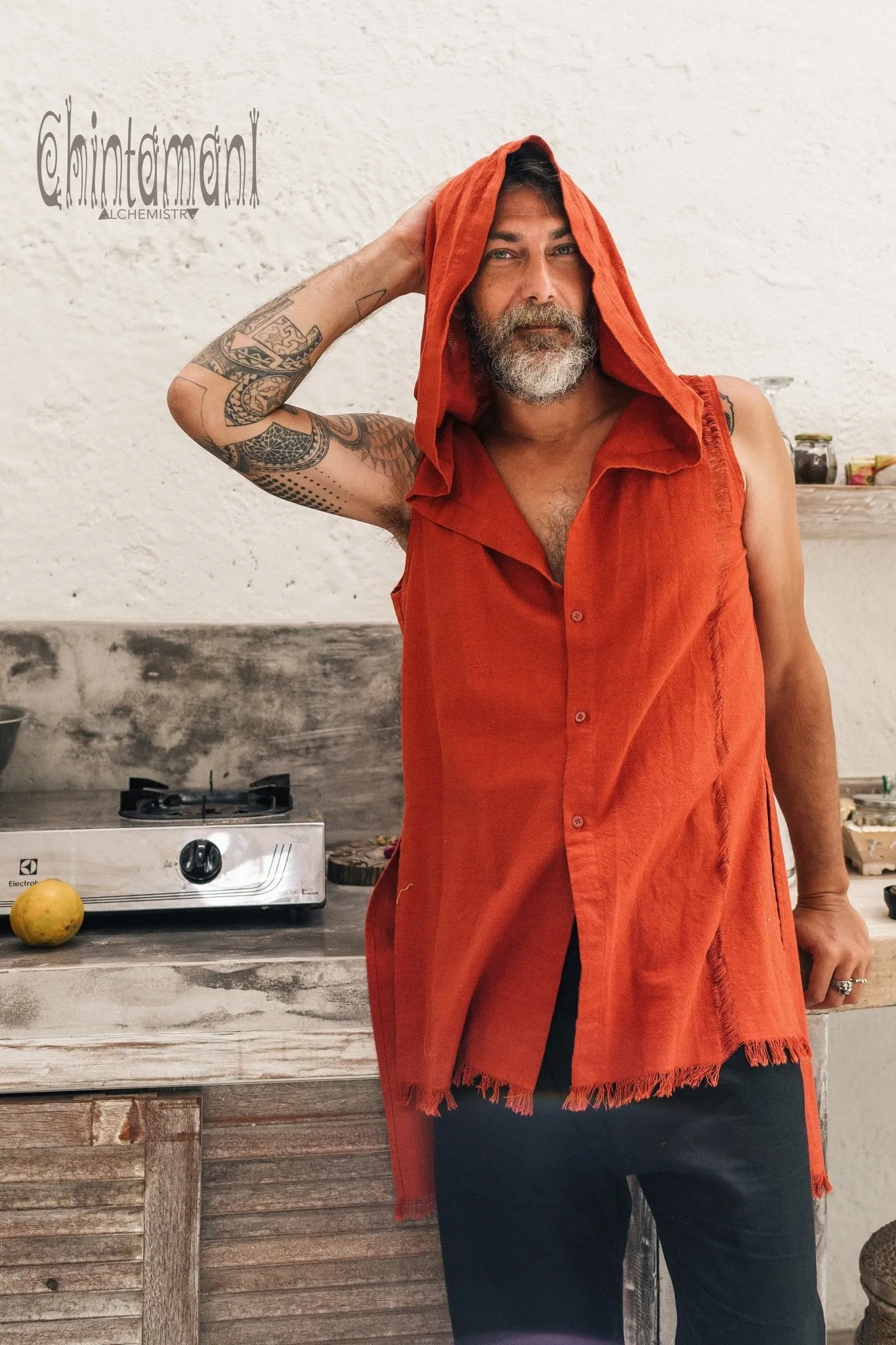 Hooded Vest Shirt for Men / Printed Tank Top with Huge Hood / Red Ochre