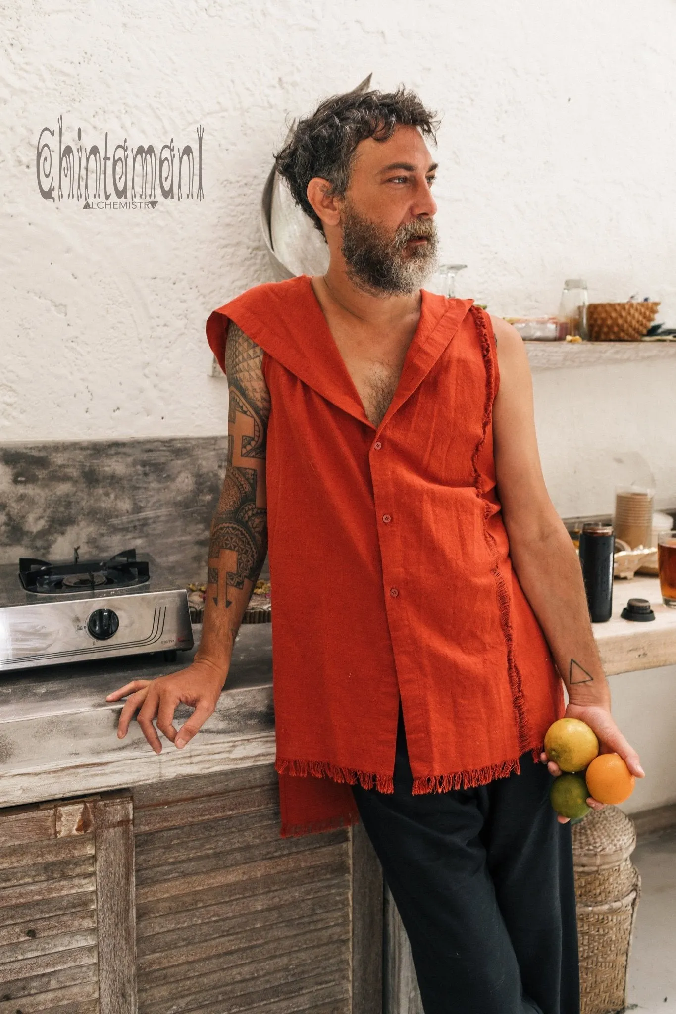 Hooded Vest Shirt for Men / Printed Tank Top with Huge Hood / Red Ochre
