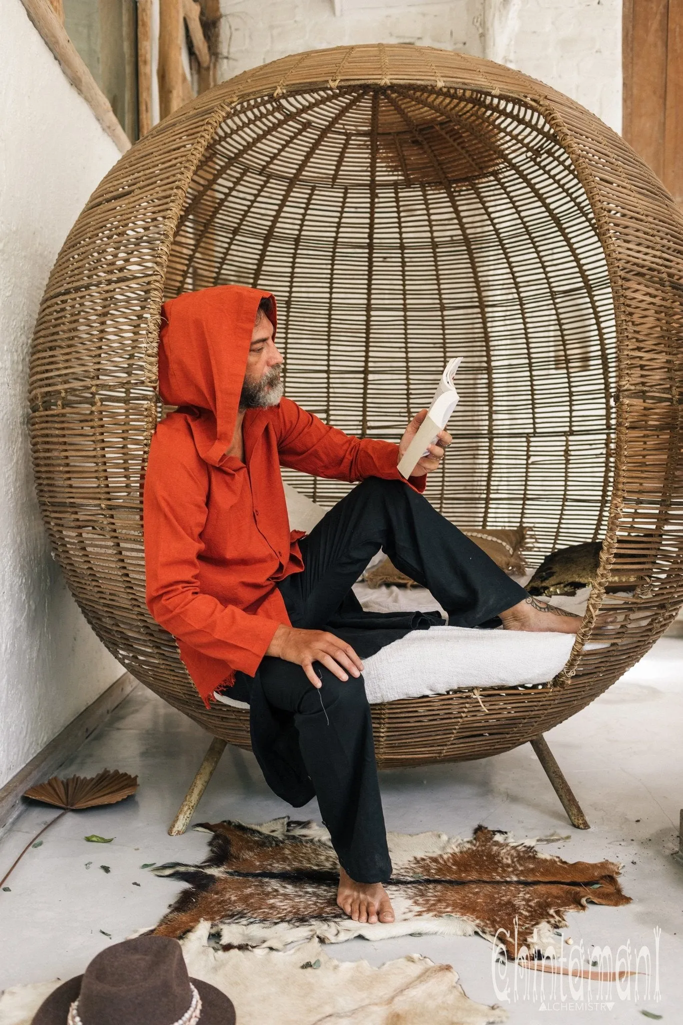 Hooded Vest Shirt for Men / Printed Tank Top with Huge Hood / Red Ochre