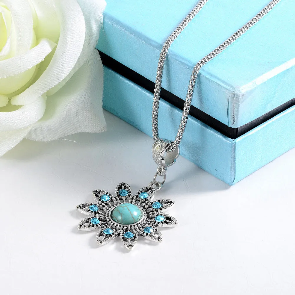 Hot necklace Christmas Antique Hollow Tibetan Silver Crystal flower Turquoise Pendant Chain Necklace Clothes for Women